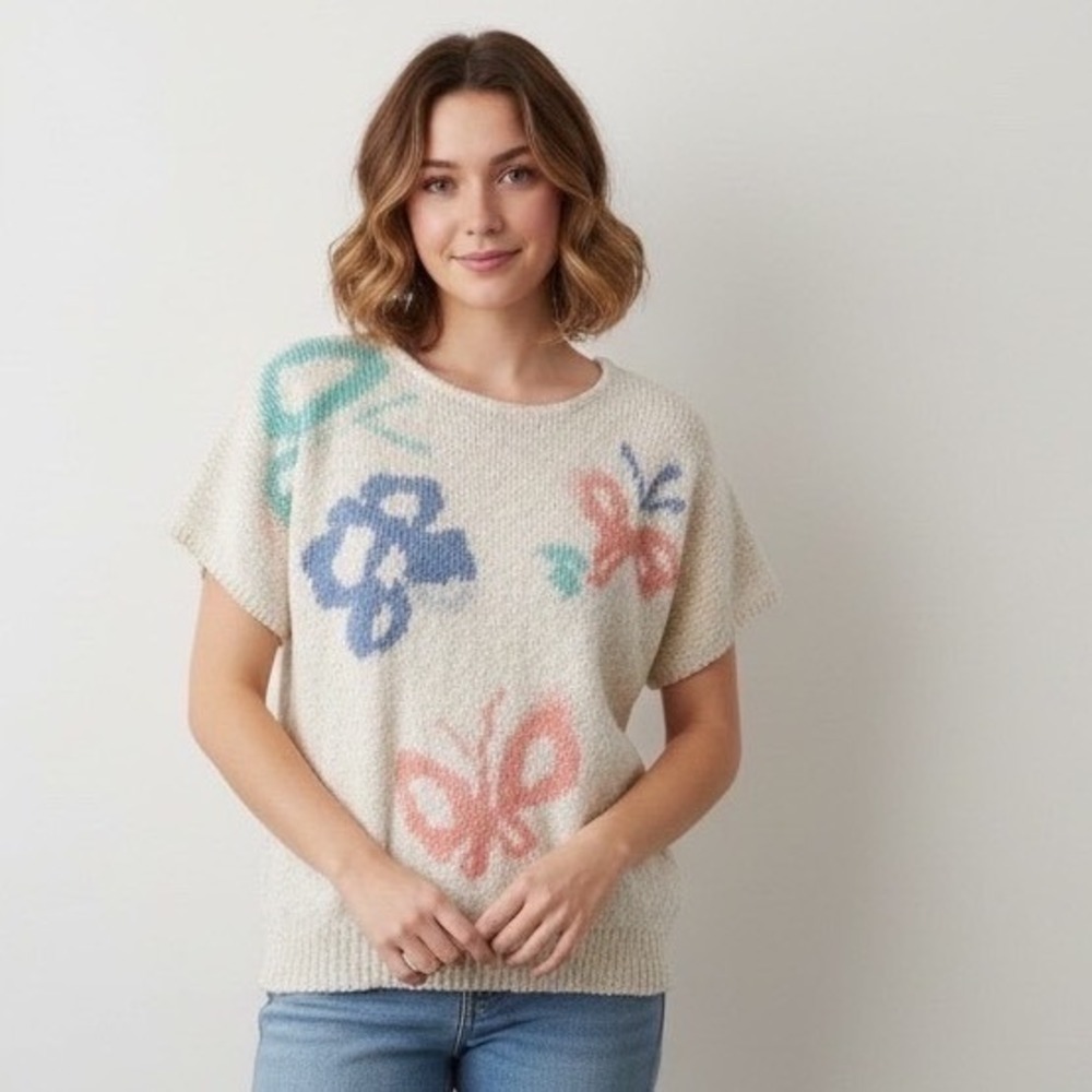 Cos‎ Cob Vintage Butterfly Knit Sweater Grandmacore Cream Ramie Cotton M 80s 90s